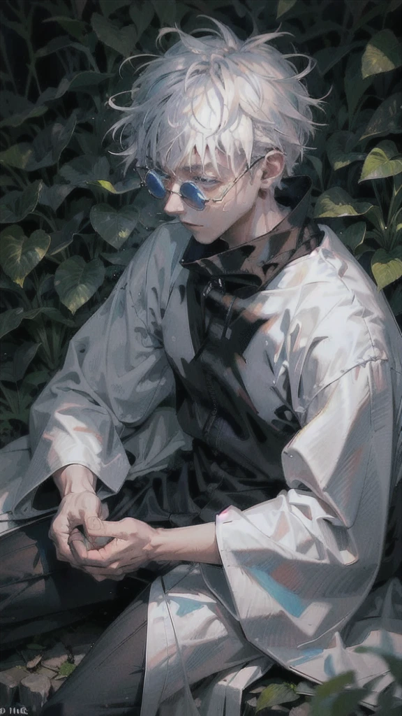 1 boy,rim light,looking_at_screen,masterpiece,best quality,solo,Gojo Satoru,highest detailed.sunglasses, in a serene forest during autumn, meditative pose, eyes closed in deep concentration, soft light highlighting his untamed white hair and glowing blue eyes, intricate curse markings faintly visible, highest detail, best quality, special moment: communing with nature to replenish his cursed energy.