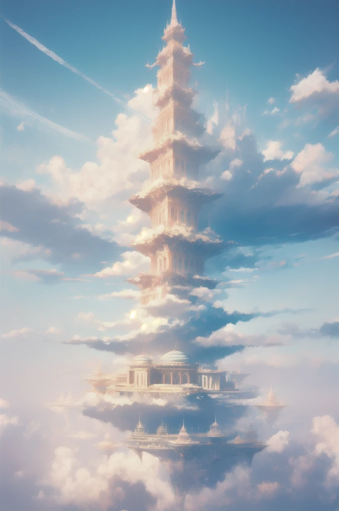 Gently illustration, Soft atmosphere, Pastel colored pencil illustrations, Surreal, meticulously made, Ultra-high quality, Ultra Detailed, landscape, Sky, cloud,Sky, architecture, Palace in the Sky,Looming,极好的landscape, Magnificent views, 在cloud端,Solitary,Sky Island