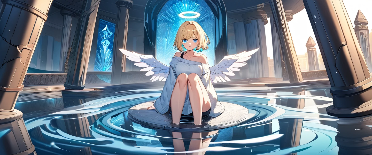 ((angel, big big white wings:1.3, halo:1.3)), (((full body))), ((flying)), Uriel, oversized clothes, puffy long sleeves, collarbone, ((off-shoulder sweater dress:1.3, Quite thick shoulder straps)), (((sleeves past wrists:1.3))), ((white sweater)), ((wavy hair, outward curled hair)), (water temple, crystal clear water:1.3), (crystal, reflective, glowing, waterlogged floor, fountain:1.5), (waterfall), (crystal textured interior), (water ripples:1.3), (clear blue crystal pillars:1.2), (geyser, indoor), (ice floor, ice wall:1.2), (light blue glowing:1.3), ((blond hair, bob cut:1.3)), breasts, teenager, (looking at viewer), collarbone, head tilt:1.3, (((blue eyes))), ((happy smile)), (((anime style))), (best quality, 4K, 8K, highres, masterpiece:1.2, ultra-detailed, ultra-detailed eyes, HDR, uhd, studio lighting, ultra-fine painting, sharp focus, physically-based rendering, extreme detail description, professional, vivid colors, bokeh), ((Highest quality, Best image quality, Ultra-high resolution, Ultra-high resolution, solo, Strong eye highlights)), Depth of written boundary, Natural soft light, attractive, Beautiful Face, Cleanliness, Pure Face, medium chest, Beautiful Face, Perfect Fingers, Perfect hands, Perfect body, Perfect Face, Shine a light into your eyes, Perfect Anatomy