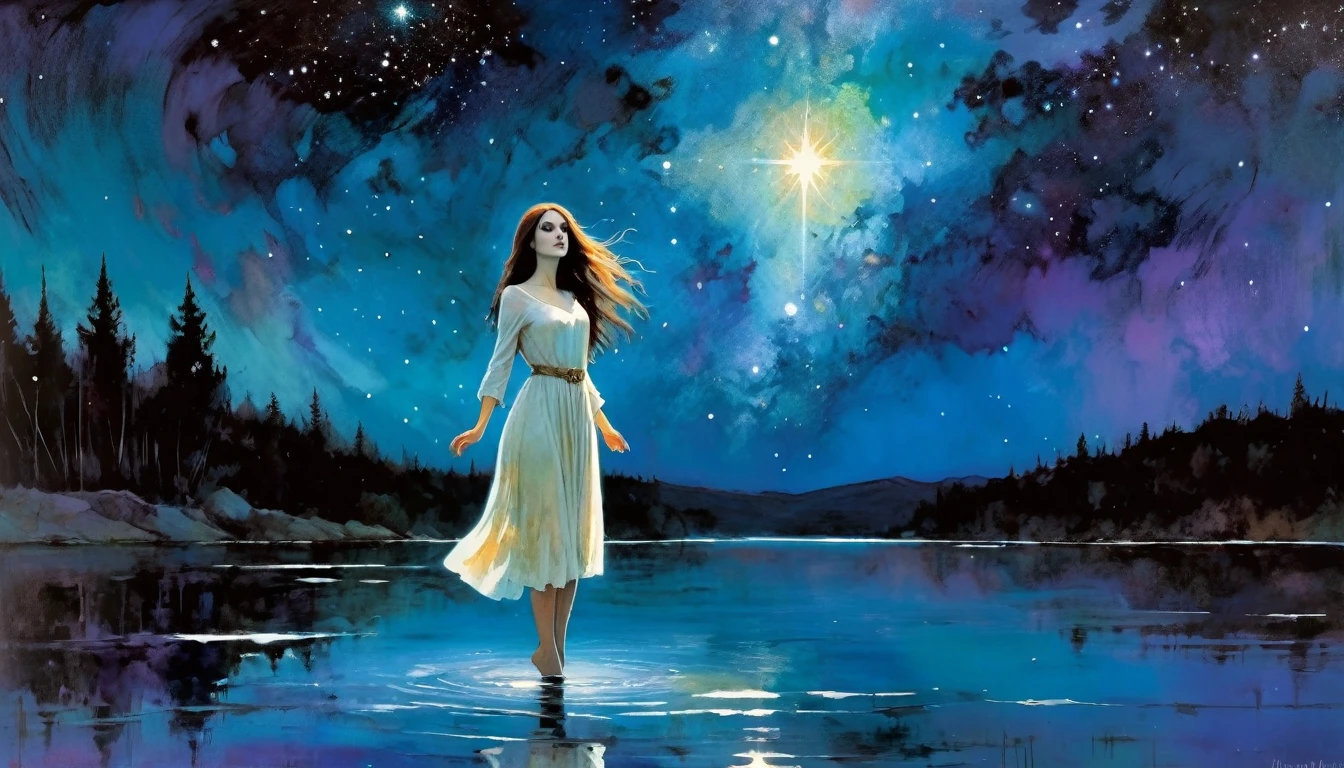 ghostly girl, levitates over the water of a lake, beautiful, medieval appearance, night, stars, milky way, horror tones (art inspired in Bill Sienkiewicz). oil painting) 