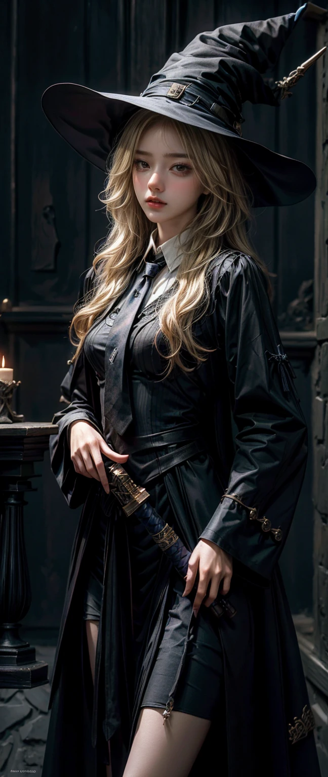 woman,Long, light blonde hair,Black-blue witch ,Wear a blue tie, Highest quality, Highest picture quality, high resolution, realistic, 8K, Highly detailed,In a small dark medieval room