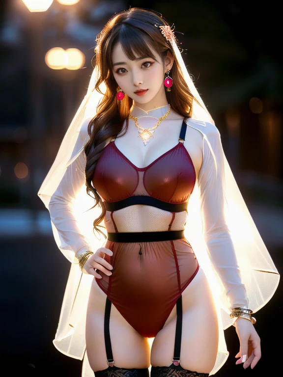 An Asian Chinese female model, (Night background), (8K Ultra HD, Digital SLR Camera, Soft Light, high quality, Volumetric Lighting, frank, photo, high resolution, 4K, 8K, Bokeh), ((Create stunning images of real girls), warm light, Dynamic poses, Elegant Posture, Cowboy lens, Full body front view, From the front，Be confident, Front of the body facing the camera, Standing posture facing the camera, Open your legs slightly, Golden Ratio Graphics, Minimalism), (Show a charming smile, Willow Leaf Eyebrows, big eyes, Apricot eye prick, Cherry Blossom, Balanced Eyes, Oval face, Pretty Face, Normal facial features, Skin is transparent and visible, Thin skin and tender meat, cosmetic, earrings, bracelet, necklace, Jewelry, veil, Hair accessories), (Brown hair, Wavy curly hairstyle, Waist-length hair, Messy Hairstyle, Gradient hairstyles, Cyberpunk hairstyle), ((Transparent clothes：1.5), (Color of clothes:red),BDSM clothes, Mesh clothes, Transparent mesh one-piece swimsuit, Three-point bra with straps), (Sexy, Perfect breast shape, Teardrop-shaped chest shape, Snow-white breasts, very detailed breasts, 34E cup), (Super high waist clothes, Waist hollow,Camel toe, Levain), (Black buds, Sheer lace knee socks, 吊garter, Leg ring, garter, 腿部garter)