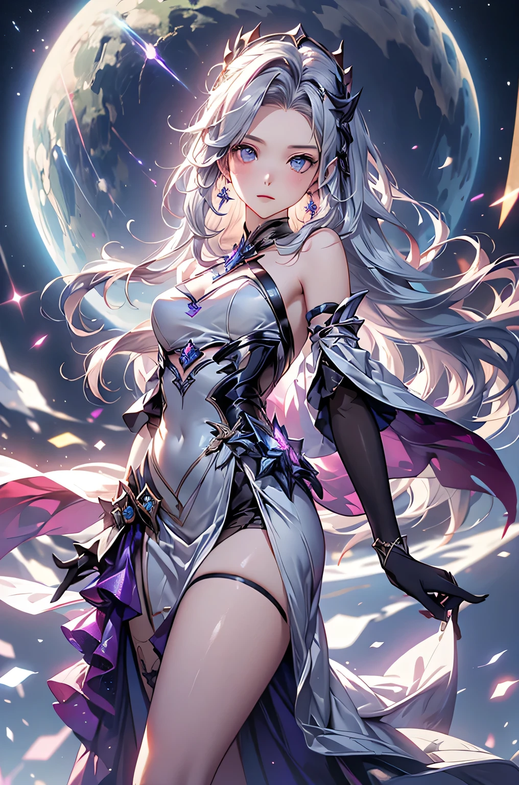 (masterpiece:1.5, Highest quality, Very detailed、 Dutch Angle、Realistic、Fantasy)(One girl, alone)(White and beautiful hair:1.4,,Straight Long Hair)(White based dress, zettai ryouiki)、((medium breasts))(from side)(Beautiful starry sky、Mystical Night、Particles of light float around the woman、Fantasy space)Kiana Kaslana