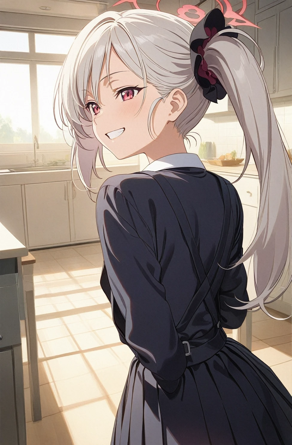 best quality, amazing quality, very aesthetic, absurdres, (1girl, mutsuki, blue archive, solo, red eyes, white hair, side ponytail), (realistic face:0.7),(pinafore dress:2), (grin, thigh:1.3), (cowboy shot), (glowing eyes:1.1), (half closed eyes:0.9), (from back:2), (kitchen), expressive eyes, perfect face, 4k, extremely detailed anime illustration, extremely detailed eyes, perfect anatomy, light rays, extremely delicate body, smooth skin, (school background:1.5), clear eyes, beautiful face, small breasts,(anime style:1.5), (Chiaroscuro:1.5), (highres:2), cinematic
