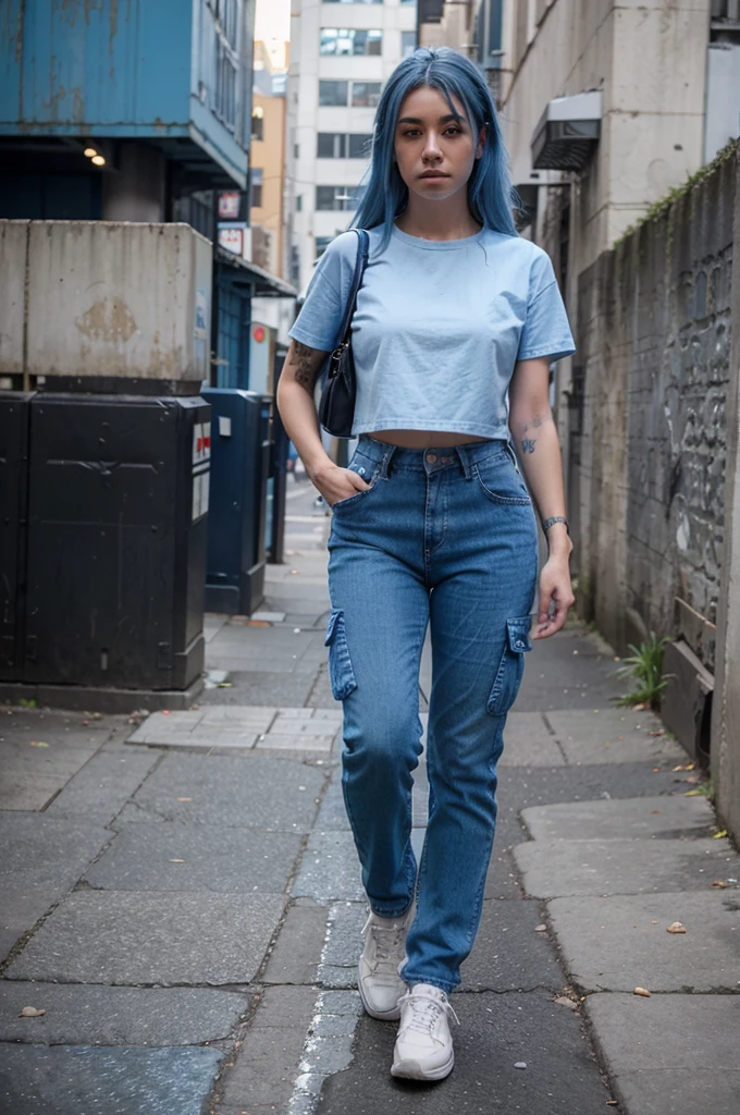 arafed woman with blue hair walking down a sidewalk in a blue shirt and pants, double denim, wearing double denim, blue outfit, blue clothes, outfit: cop, blue monochromatic, wearing blue, blue pants, wearing denim, on the street, on the street, blue jeans. unreal 5, cargo pants. cyberpunk city, blue shirt, pale blue outfit
