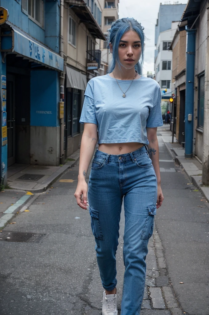 arafed woman with blue hair walking down a sidewalk in a blue shirt and pants, double denim, wearing double denim, blue outfit, blue clothes, outfit: cop, blue monochromatic, wearing blue, blue pants, wearing denim, on the street, on the street, blue jeans. unreal 5, cargo pants. cyberpunk city, blue shirt, pale blue outfit
