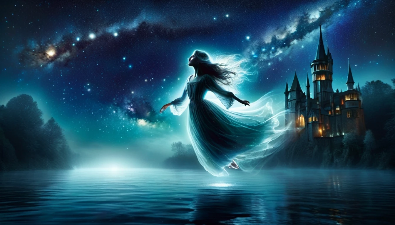 a ghostly girl, levitating over the water of a lake, beautiful medieval appearance, night sky with stars and milky way, horror tones, oil painting, (best quality,4k,8k,highres,masterpiece:1.2),ultra-detailed,(realistic,photorealistic,photo-realistic:1.37),HDR,studio lighting,extreme detail description,vivid colors,cinematic lighting,dramatic lighting,dark moody atmosphere