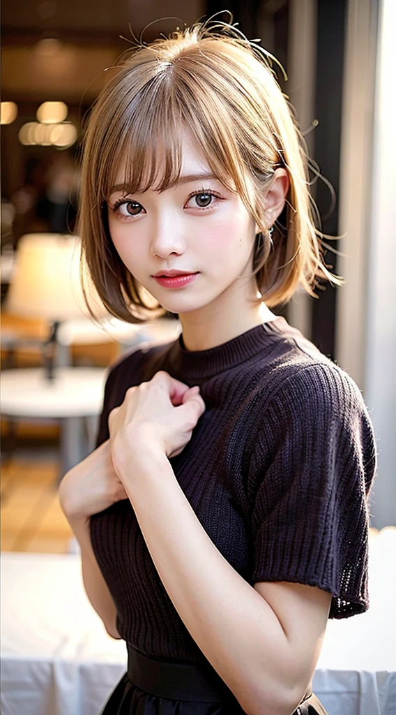 (8K, RAW Photos:1.2),Detailed face and eyes,最high quality, Ultra-high resolution, Very detailed ,Intricate details ,Tabletop ,pretty girl , Soft cinematic light, Hyper Detail,Sharp focus, high quality,Blonde, Bobcut,  outside, knitting, Long skirt, topless