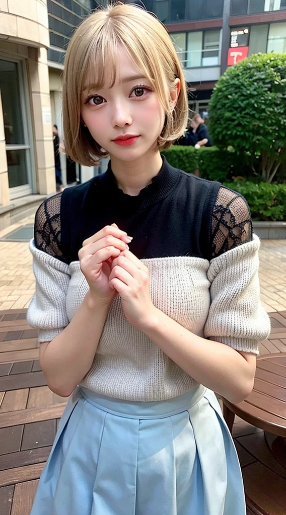 (8K, RAW Photos:1.2),Detailed face and eyes,最high quality, Ultra-high resolution, Very detailed ,Intricate details ,Tabletop ,pretty girl , Soft cinematic light, Hyper Detail,Sharp focus, high quality,Blonde, Bobcut,  outside, knitting, Long skirt, topless