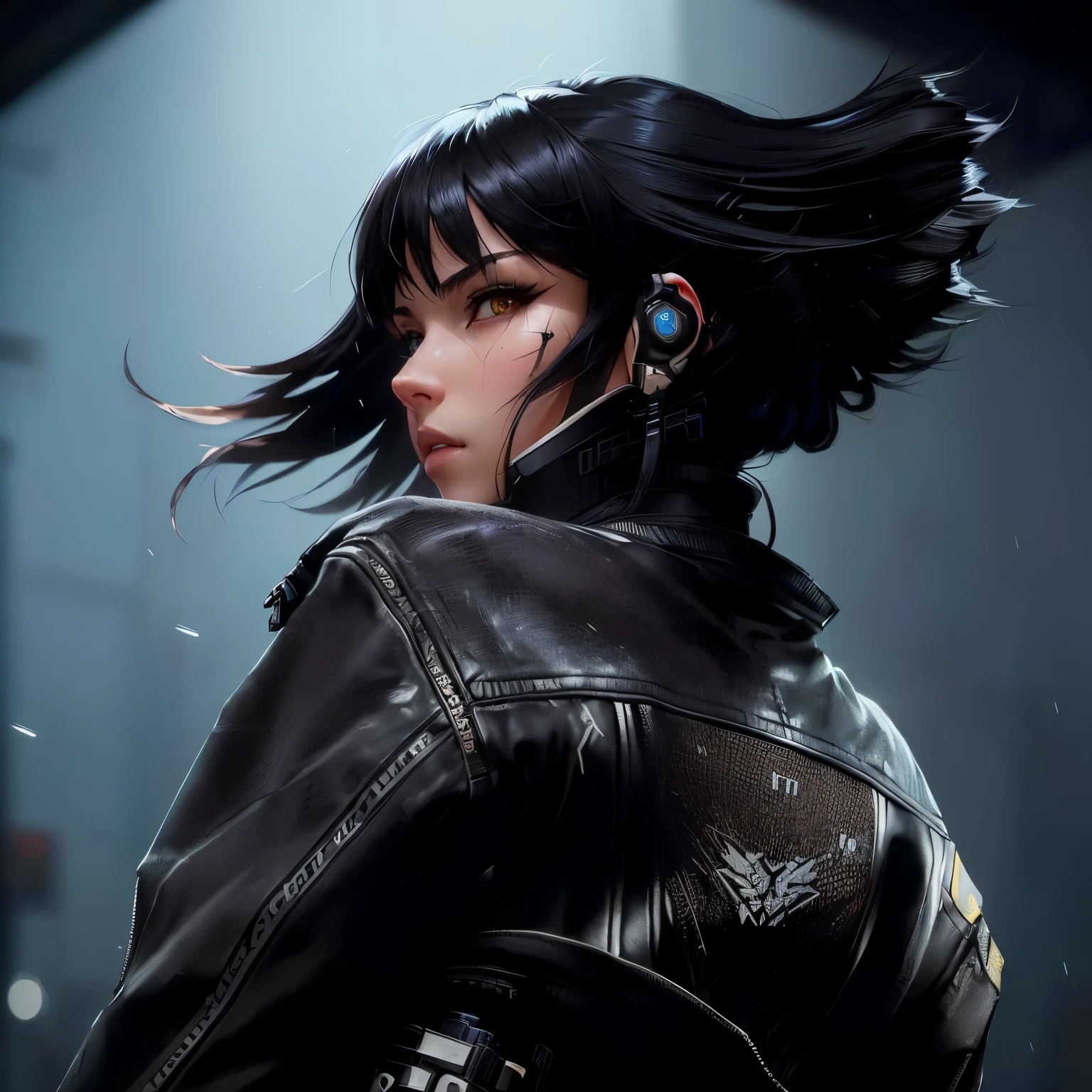 There is a woman wearing a black jacket and wearing earphones., Cyberpunk girl with jet black hair, Cyberpunk 20. Model Girl, makoto shinkai ( Apex Legends ), Beautiful cyberpunk female model, akihiko yoshida. Unreal Engine, Cyberpunk Anime Girl, Katana Zero video game characters, Portrait of Tifa Lockhart, 8K Portrait Rendering, Lostrun 8k