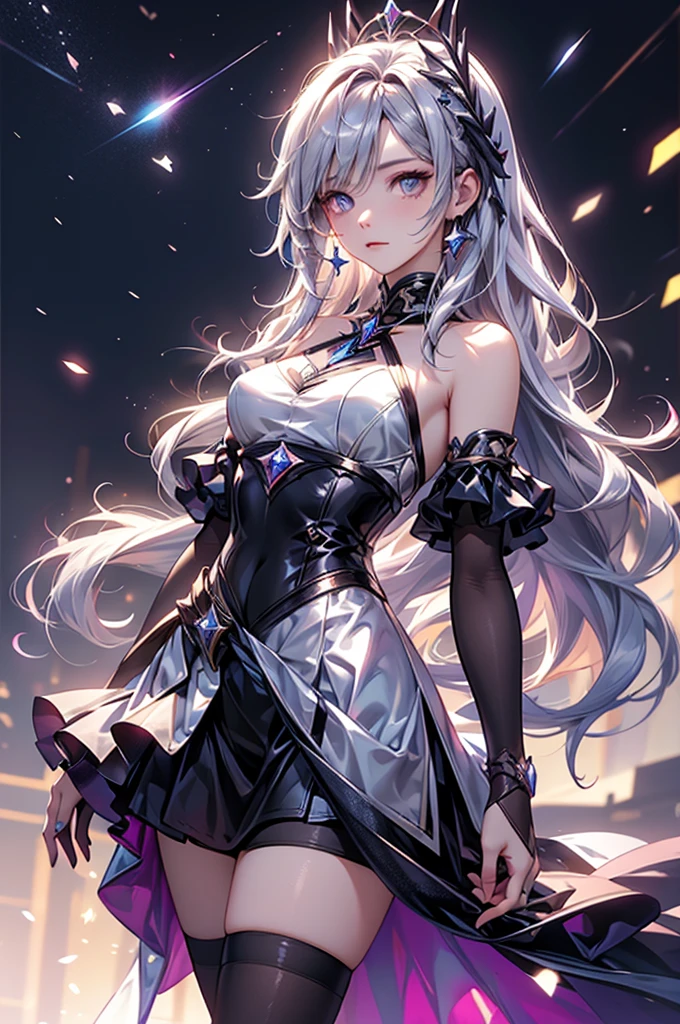 (masterpiece:1.5, Highest quality, Very detailed、 Dutch Angle、Realistic、Fantasy)(One girl, alone)(White and beautiful hair:1.4,,Straight Long Hair)(White based dress, zettai ryouiki)、((medium breasts))(from side)(Beautiful starry sky、Mystical Night、Particles of light float around the woman、Fantasyな空間)Kiana Kaslana
