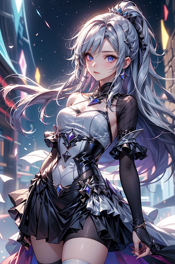 (masterpiece:1.5, Highest quality, Very detailed、 Dutch Angle、Realistic、Fantasy)(One girl, alone)(White and beautiful hair:1.4,,Straight Long Hair)(White based dress, zettai ryouiki)、((medium breasts))(from side)(Beautiful starry sky、Mystical Night、Particles of light float around the woman、Fantasyな空間)Kiana Kaslana