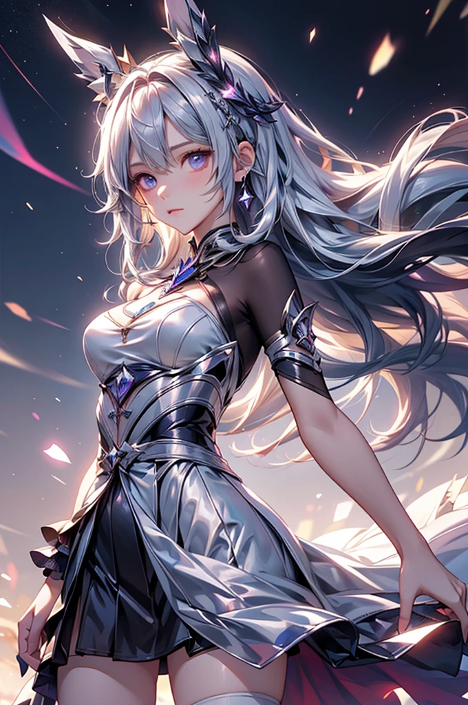 (masterpiece:1.5, Highest quality, Very detailed、 Dutch Angle、Realistic、Fantasy)(One girl, alone)(White and beautiful hair:1.4,,Straight Long Hair)(White based dress, zettai ryouiki)、((medium breasts))(from side)(Beautiful starry sky、Mystical Night、Particles of light float around the woman、Fantasyな空間)Kiana Kaslana