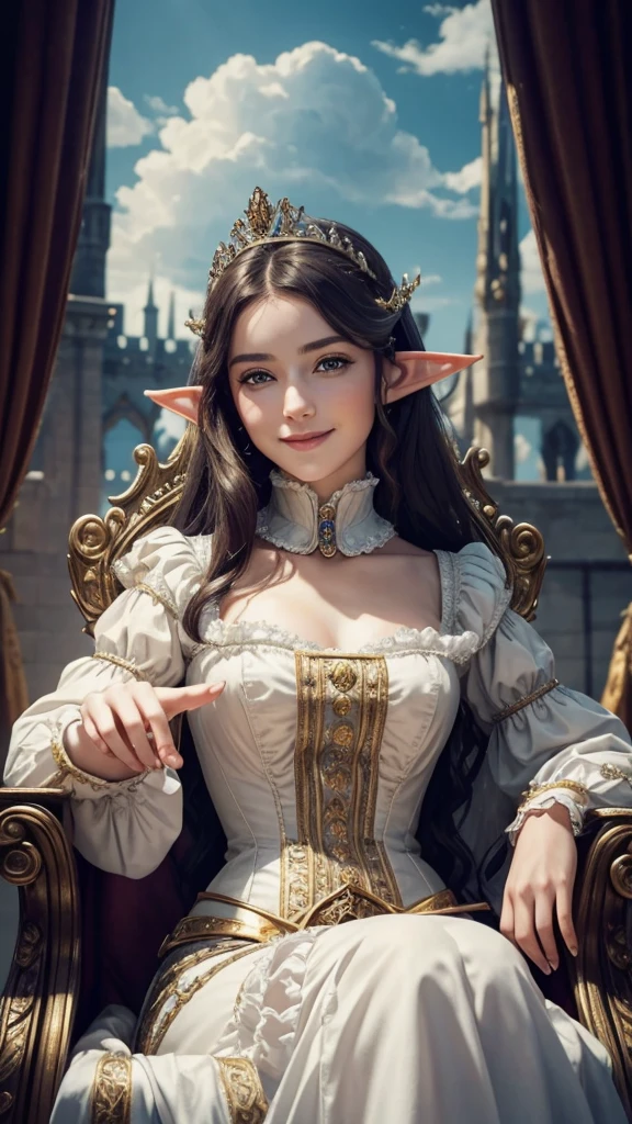 beautiful woman on a throne, elf queen:1.4, catmaid outfit:1.8, perfect facial features, full body, victorian era, aristocratic clothing, intricate details, storytelling, smiling, hands behind back, soft rim lighting, beautiful detailed sky, masterpiece, ultra-high resolution, high quality, 4k, (photorealistic:1.2), photograph
