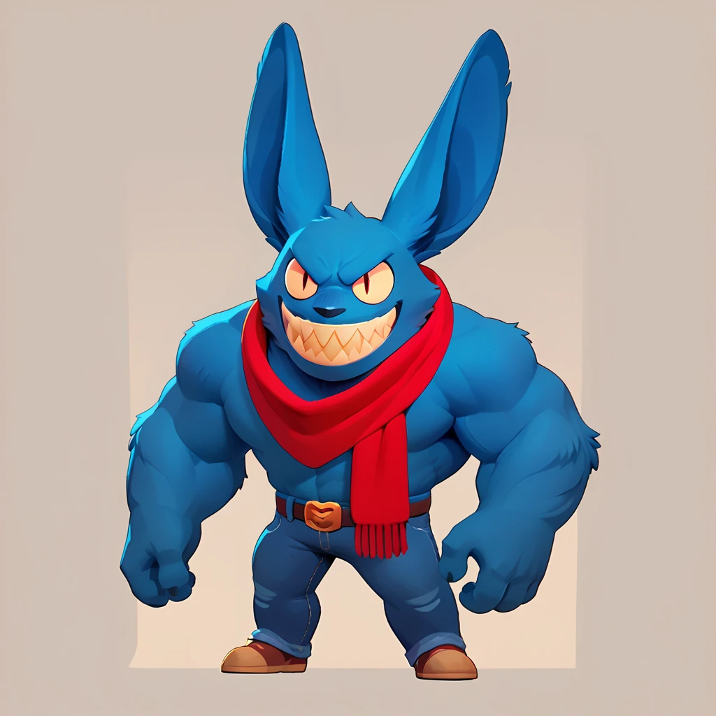 full body view of a muscular, colossal monster, dark blue fur, long ears, sharp teeth, smiling, dressed in jeans and a red scarf