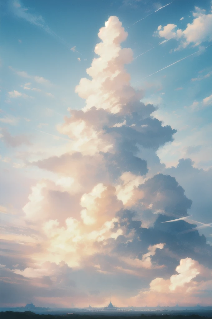 Gently illustration, Soft atmosphere, Pastel colored pencil illustrations, Surreal, meticulously made, Ultra-high quality, Ultra Detailed, landscape,  cloud，Sky, Palace in the Sky，Looming，极好的landscape, Magnificent views, 在cloud端，Solitary，Sky Island