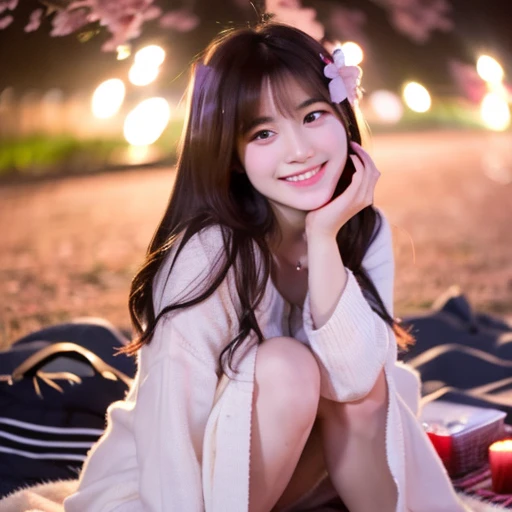 A cute face like a 19-year-old idol　smile gently　naked figure　I don't wear any clothes　full body figure　Slightly larger bust　dark lighting　night park　Cherry blossom viewing under the illuminated cherry blossoms at night　sitting on a picnic sheet　Raw photo　genuine