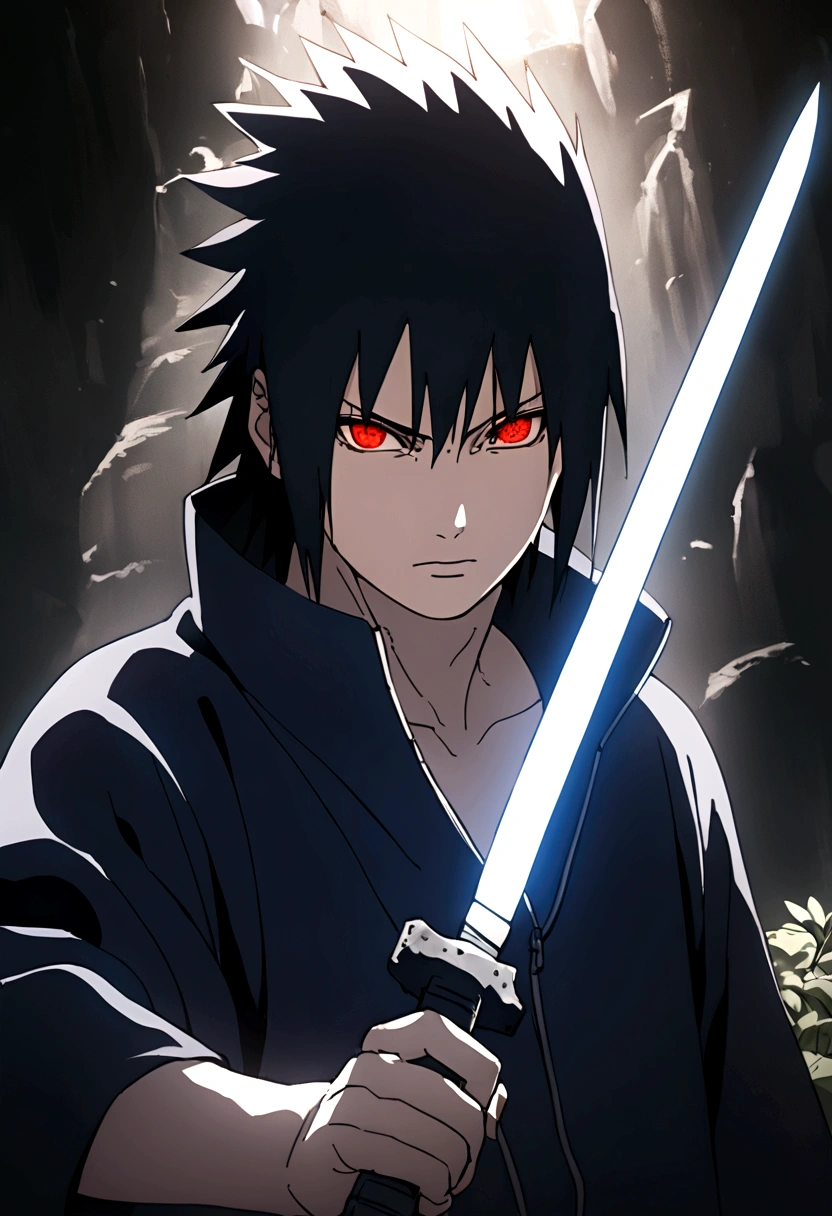 sasuke uchiha, lightning in hand, chicory, upper body, sharingan in eyes, ready to fight, sword, hight quality, red eyes, 