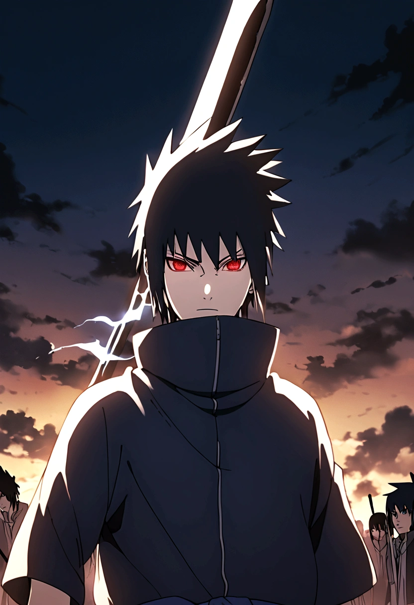 sasuke uchiha, lightning in hand, chicory, upper body, sharingan in eyes, ready to fight, sword, hight quality, red eyes, 