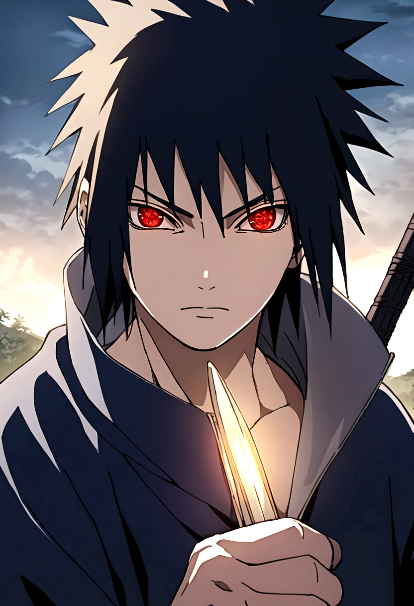 sasuke uchiha, lightning in hand, chicory, upper body, sharingan in eyes, ready to fight, sword, hight quality, red eyes,