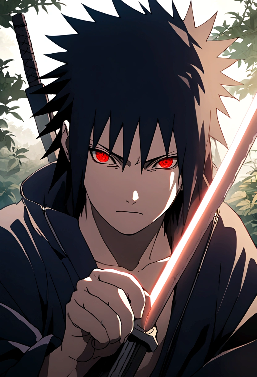 sasuke uchiha, lightning in hand, chicory, upper body, sharingan in eyes, ready to fight, sword, hight quality, red eyes,