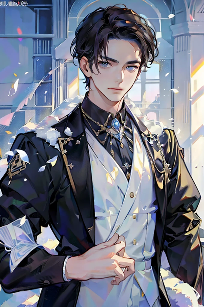 masterpiece, high quality, best quality, 2male, manhua face, handsome, formal clothes, half body,