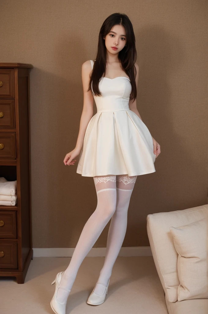Lower body shot, tall, long legs, dress, slim waist, white skin , big breasts, Thigh-high white socks , ta shoes, The skirt is halfway to the thigh, No face shot, in room