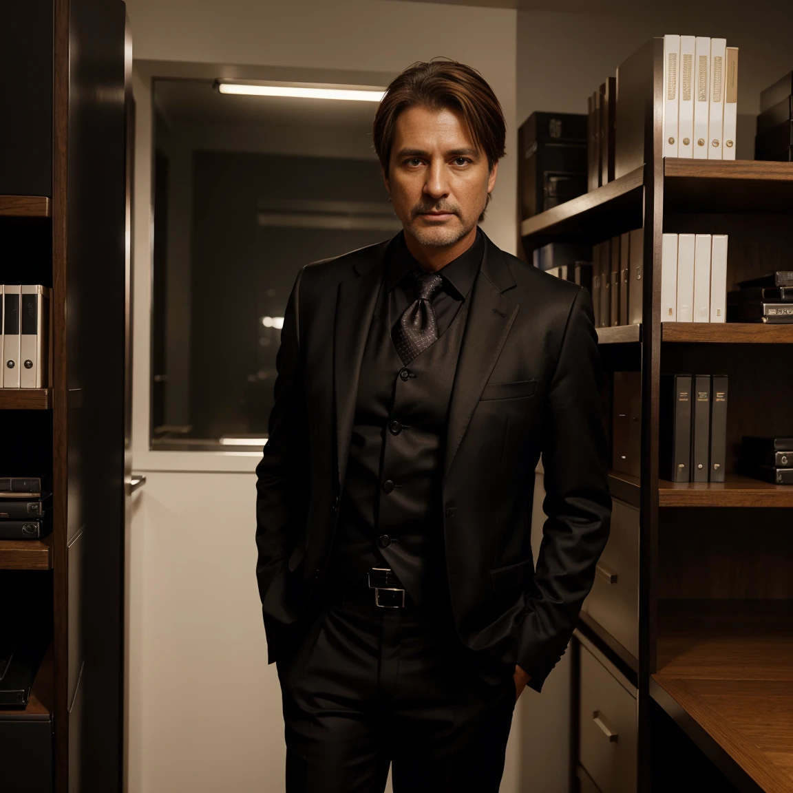 shiny black suit 45 year old man with short straight light brown hair standing extremely realistically in a shiny black blazer, [Highly detailed, photorealistic, 8K resolution, cinematic lighting, masterful composition] person [in an office environment with a shelf of affiliate digital marketplace products]