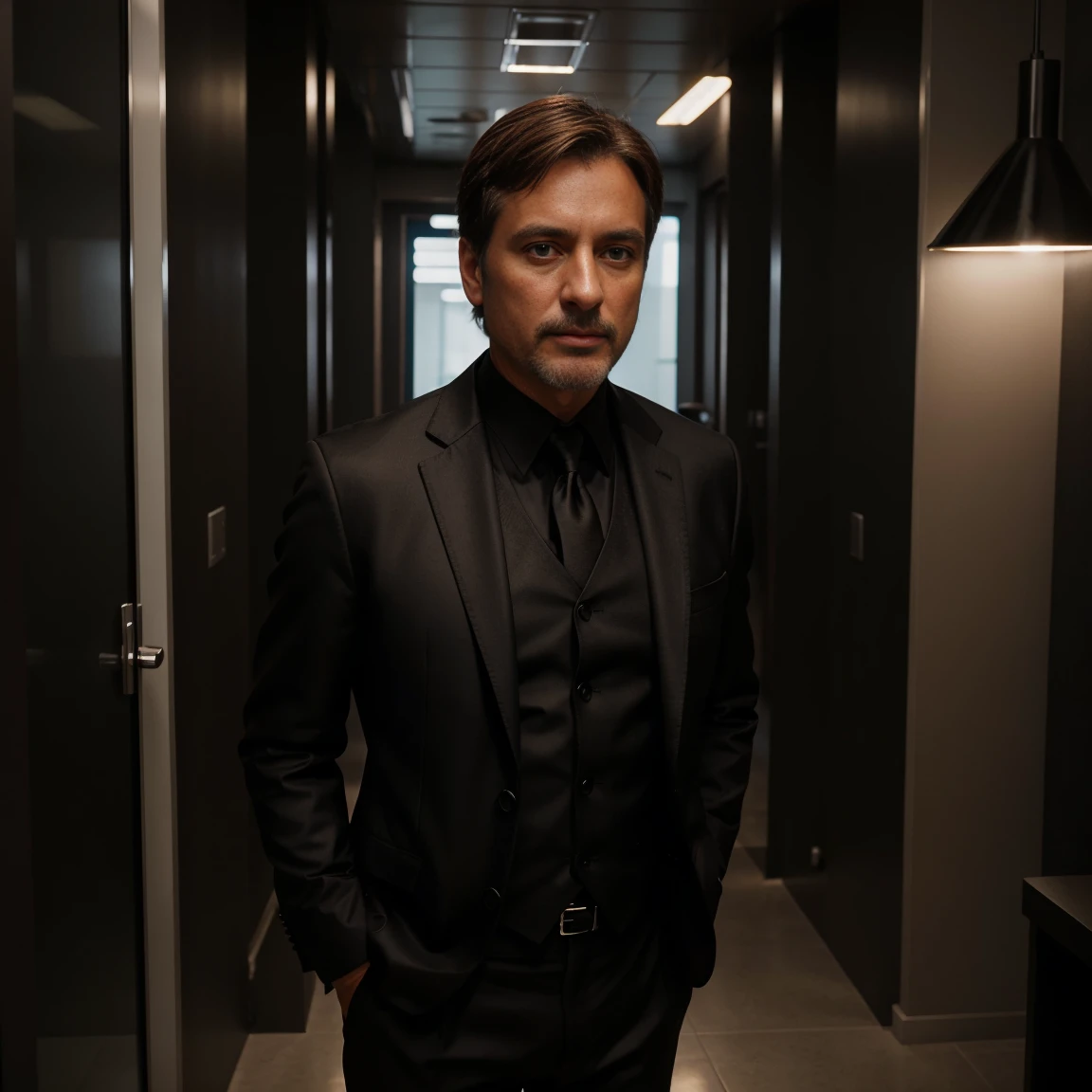 shiny black suit 45 year old man with short straight light brown hair standing extremely realistically in a shiny black blazer, [Highly detailed, photorealistic, 8K resolution, cinematic lighting, masterful composition] person [in an office environment with a shelf of affiliate digital marketplace products]