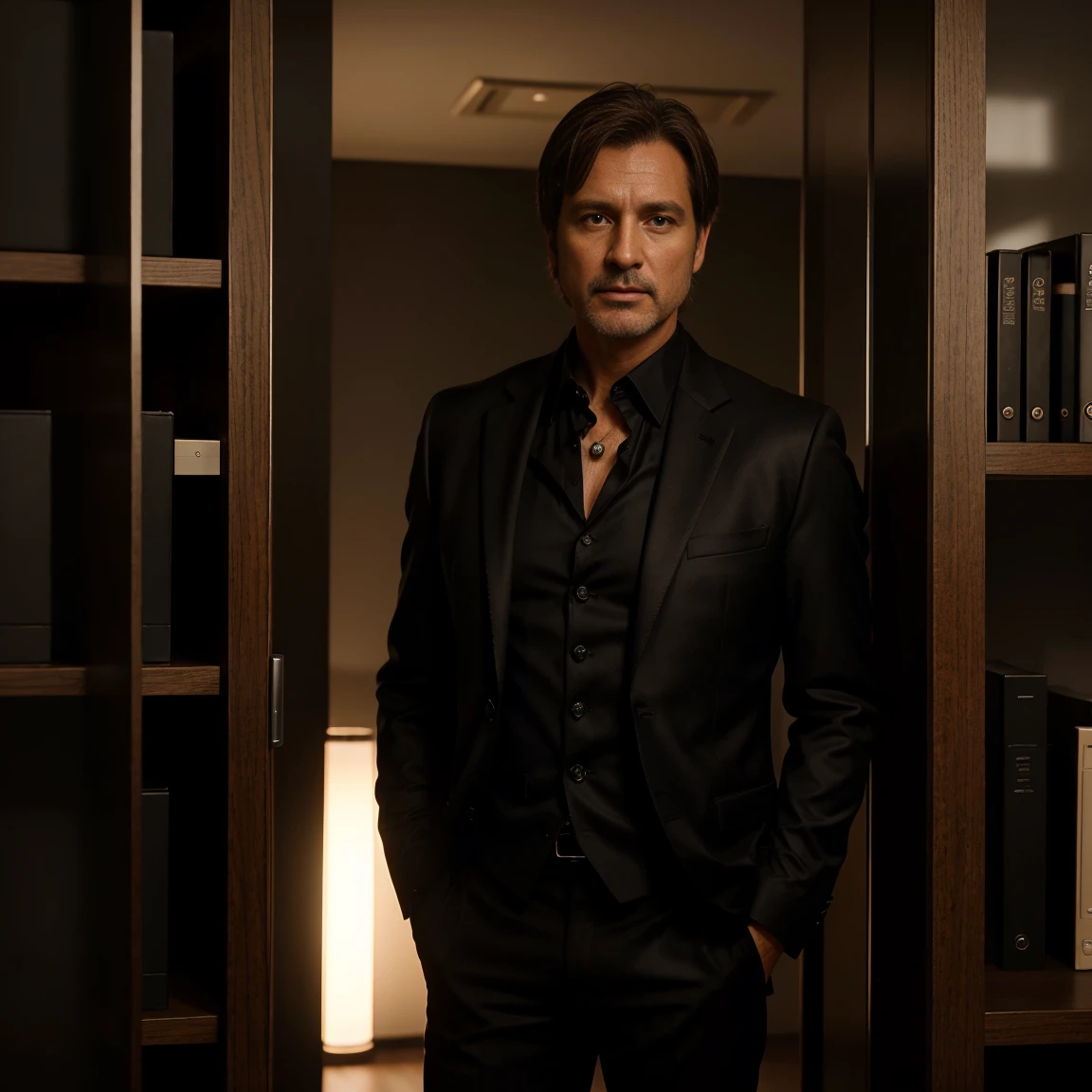 shiny black suit 45 year old man with short straight light brown hair standing extremely realistically in a shiny black blazer, [Highly detailed, photorealistic, 8K resolution, cinematic lighting, masterful composition] person [in an office environment with a shelf of affiliate digital marketplace products]