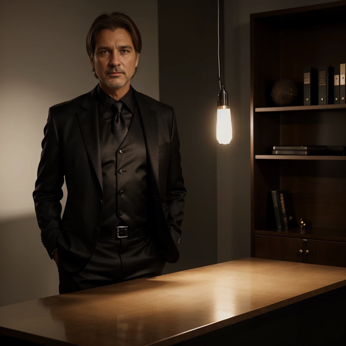 shiny black suit 45 year old man with short straight light brown hair standing extremely realistically in a shiny black blazer, [Highly detailed, photorealistic, 8K resolution, cinematic lighting, masterful composition] person [in an office environment with a shelf of affiliate digital marketplace products]