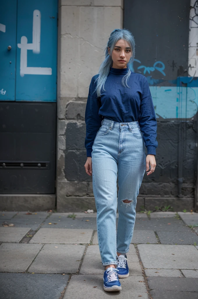 arafed woman with blue hair walking down a sidewalk in a blue shirt and pants, double denim, wearing double denim, blue outfit, blue clothes, outfit: cop, blue monochromatic, wearing blue, blue pants, wearing denim, on the street, on the street, blue jeans. unreal 5, cargo pants. cyberpunk city, blue shirt, pale blue outfit