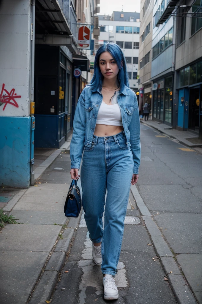 arafed woman with blue hair walking down a sidewalk in a blue shirt and pants, a portrait inspired by Louis Le Nain, pexels, graffiti, double denim, wearing double denim, blue outfit, blue clothes, outfit: cop, blue monochromatic, wearing blue, blue pants, wearing denim, on the street, on the street