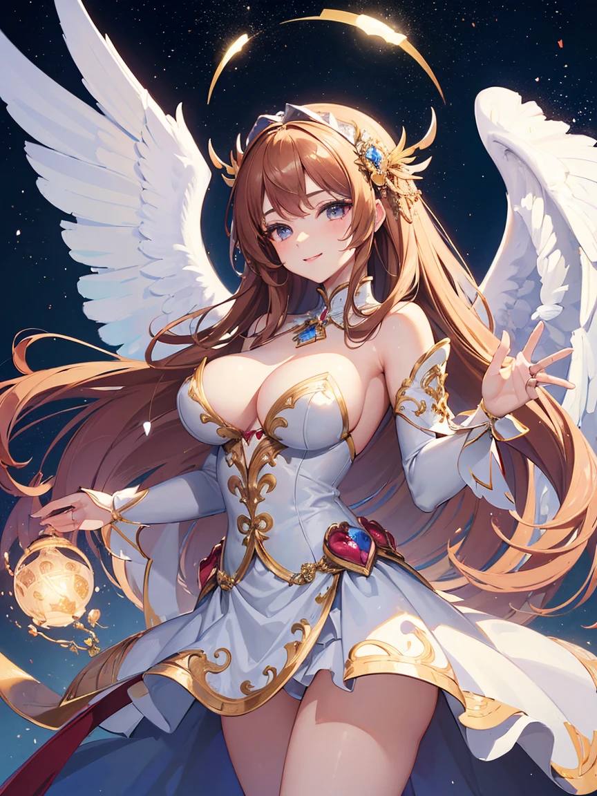 ((Masterpiece))，(Best Quality)，(Super intricately detailed)，(Highest resolution)，(8K)，(Clean lines)，(Perfect Face，Perfect meat)，(Official Art)，（Magical girl）,, White costume, rod, huge breasts, Big angel wings, Night Sky, smile