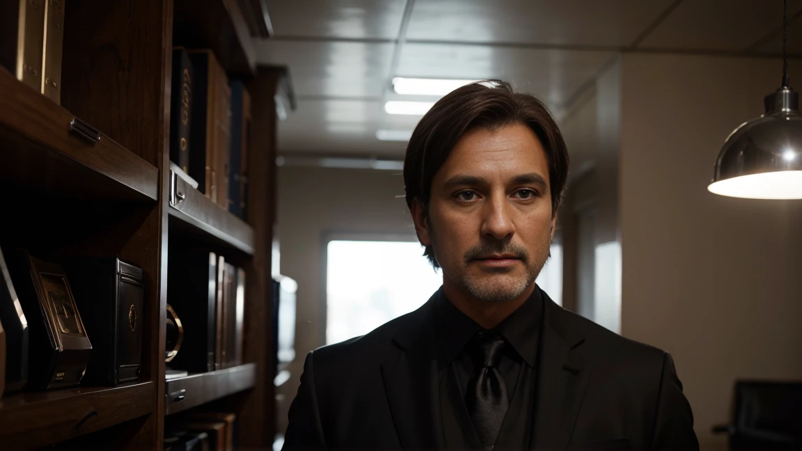 shiny black suit 45 year old man with short straight light brown hair standing extremely realistically in a shiny black blazer, [Highly detailed, photorealistic, 8K resolution, cinematic lighting, masterful composition] person [in an office environment with a shelf of affiliate digital marketplace products]