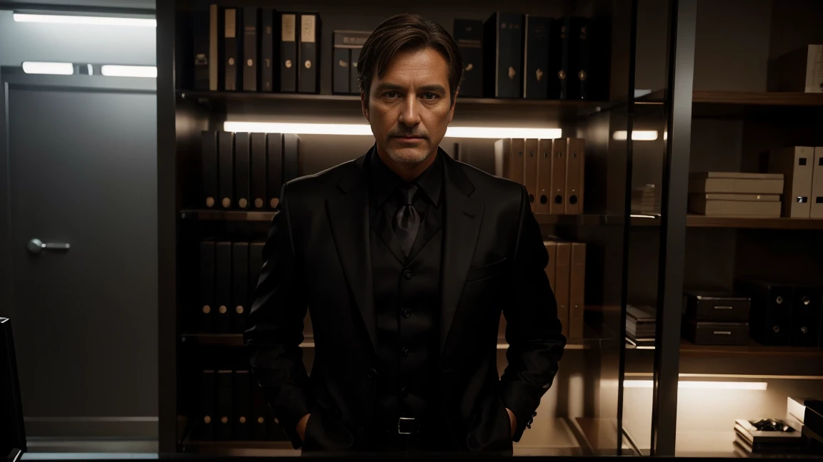shiny black suit 45 year old man with short straight light brown hair standing extremely realistically in a shiny black blazer, [Highly detailed, photorealistic, 8K resolution, cinematic lighting, masterful composition] person [in an office environment with a shelf of affiliate digital marketplace products]
