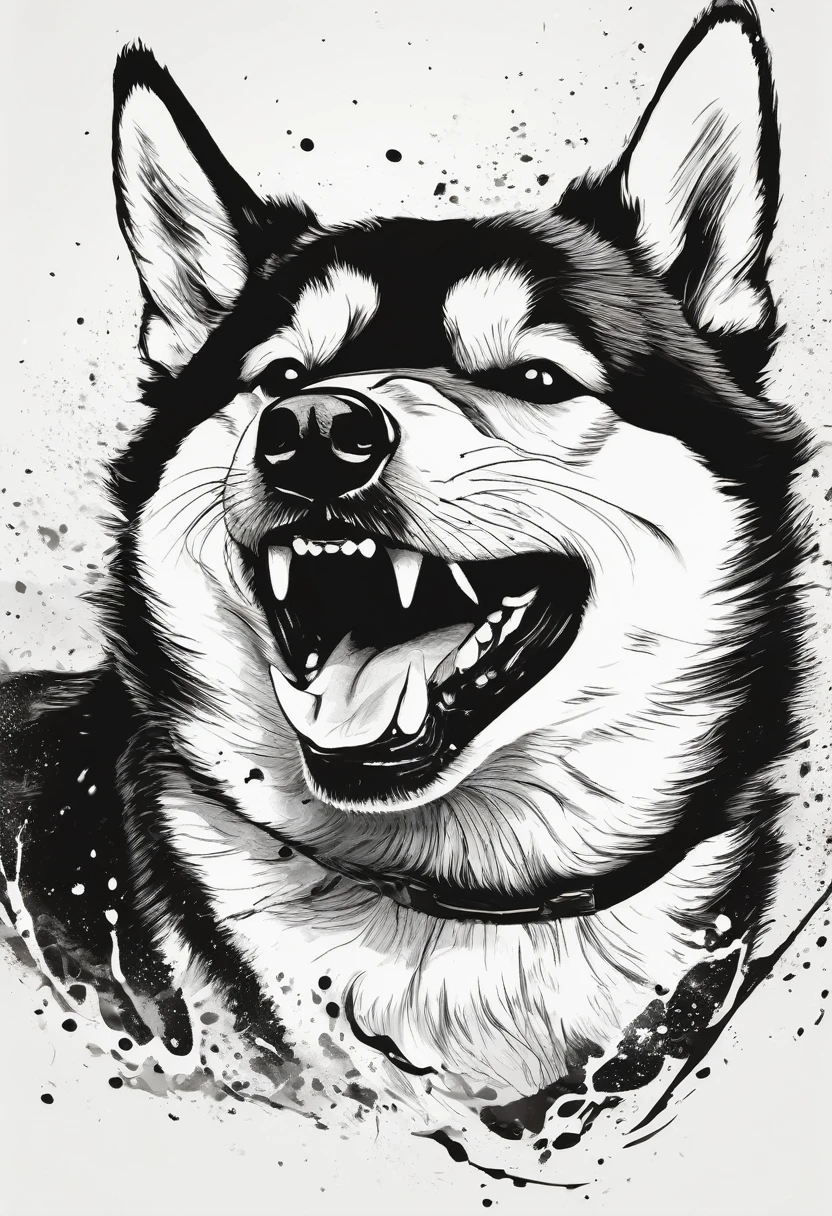 "Dynamic ink brushstroke style, black and white only: illustration by a professional illustrator, featuring an angry Shiba Inu baring its teeth and leaping, action shot, high detail, white background, sharp focus, full body, masterpiece, highly detailed, high quality, artistic sumi ink painting, Japanese style, icon, single animal."