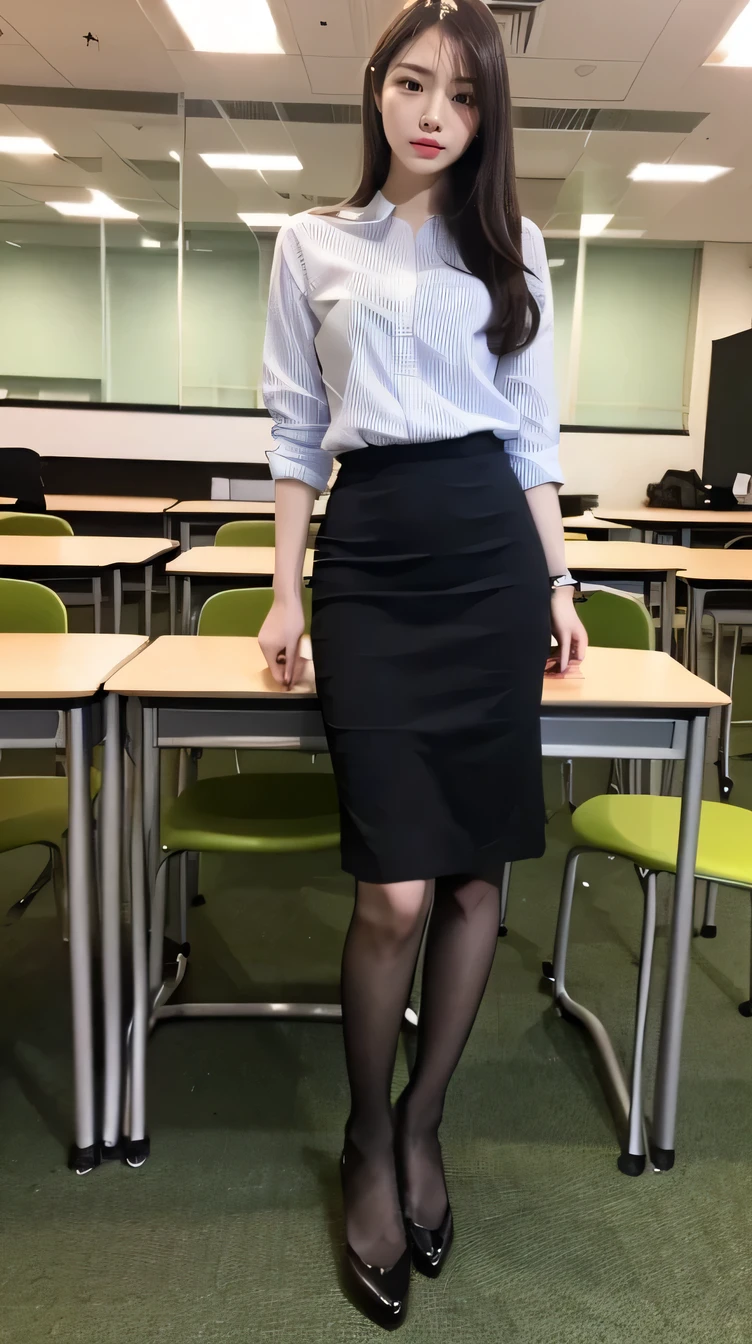 (Tabletop,high quality,16K:1.1),(Written boundary depth:1.3) ,((Front body:1.35)),Japanese ,woman, ((suit, Black vertical striped pencil skirt )), tights,,(View your audience:1.3),(Full Body Shot:1.2),,The background is the office