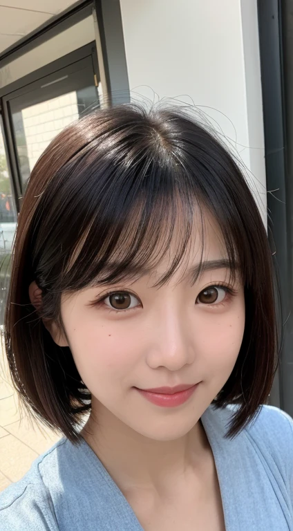 Woman in her 30s with a shortcut Highest quality The image is a little grainy. Perfect dynamic composition, Beautiful attention to detail, summer服 summer short hair D Cup Look away a little Make the nose a little smaller Mole on chest smile A pimple on the face Weight is 50 kg