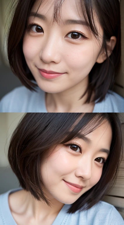 Woman in her 30s with a shortcut　Highest quality　The image is a little grainy.　Perfect dynamic composition, Beautiful attention to detail,　summer服　summer　short hair　D Cup　Look away a little　Make the nose a little smaller　　　Mole on chest　smile　A pimple on the face　Weight is 50 kg