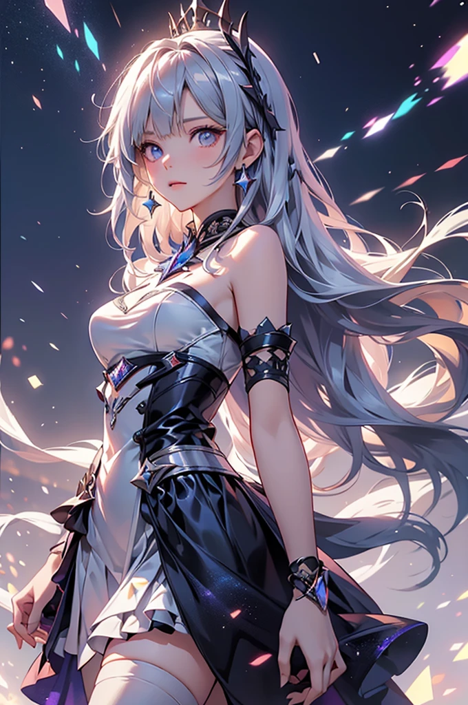(masterpiece:1.5, Highest quality, Very detailed、 Dutch Angle、Realistic、Fantasy)(One girl, alone)(White and beautiful hair:1.4,,Straight Long Hair)(White based dress, zettai ryouiki)、((medium breasts))(from side)(Beautiful starry sky、Mystical Night、Particles of light float around the woman、Fantasyな空間)Kiana Kaslana