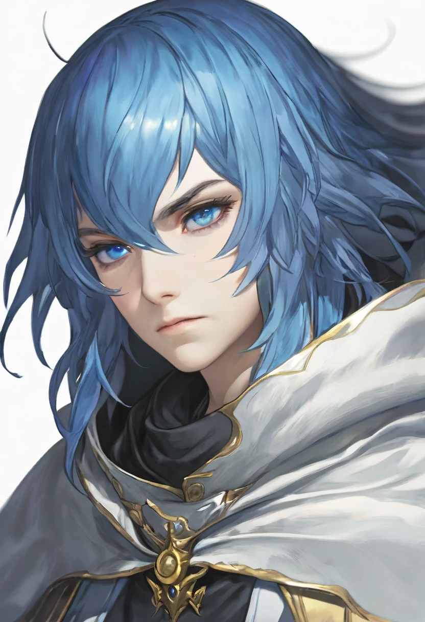 ((((White Background)))),((((Cygames)))),(()Fantasy),((Master piece)),(((Character portrait))),Blue Hair,semi-long,Hood,(Expressionless),cool,Confused eyes,White eyes,Cape,((Low exposure))