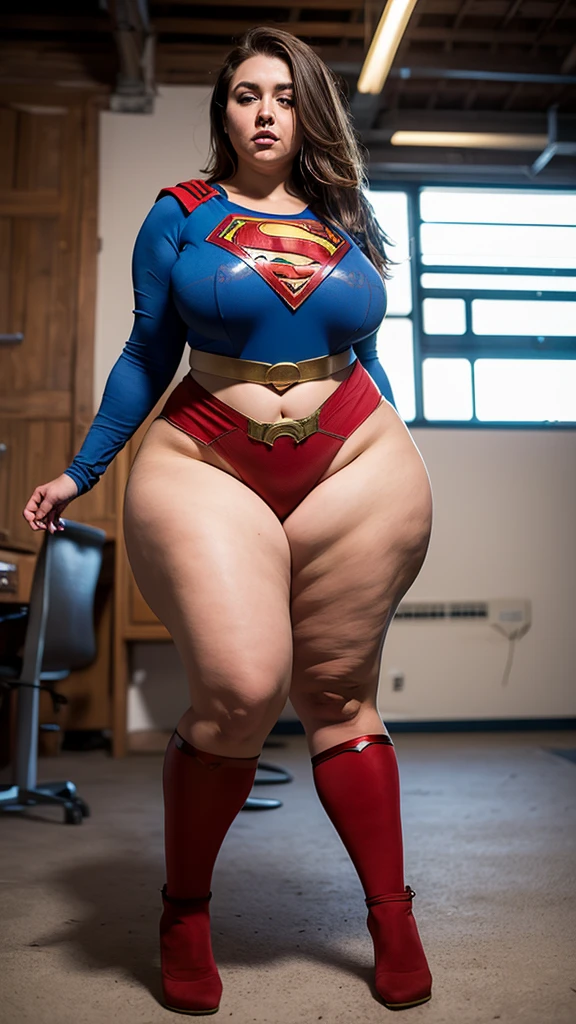 1sexy girl, wearing torn supergirl costume, flying, firm body, BRUNETTE hair, shining blue eyes, hourglass body shape, sultry posing. (Thick thighs:1.3) ((PAWG BODY)) (CLEAVAGE:1.2)