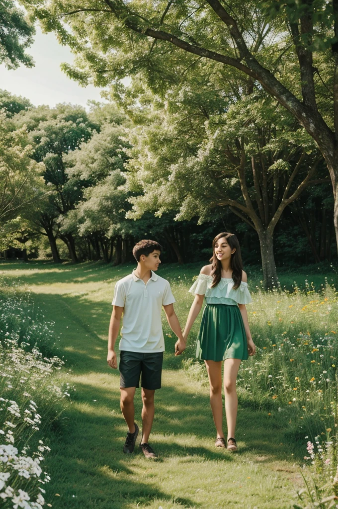 A young guy and a young girl walking on a beautiful landscape with flowers,and green  trees besides with their hands on each other's shoulders 