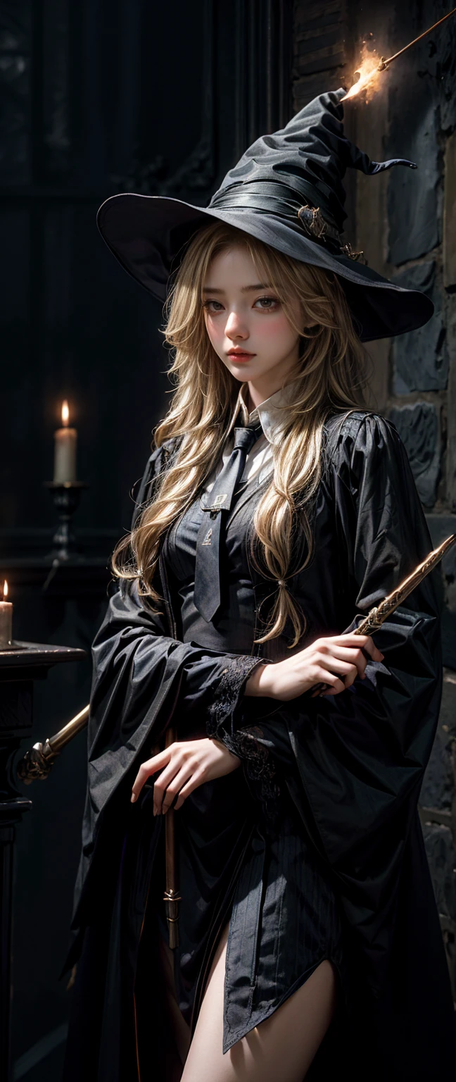 Witch Girl,Long, light blonde hair,Light blonde hair,Black-blue witch ,Wear a blue-black striped tie., Holding a magic wand to cast spells ,Highest quality, Highest picture quality, high resolution, realistic, 8K, Highly detailed,In a small dark medieval room