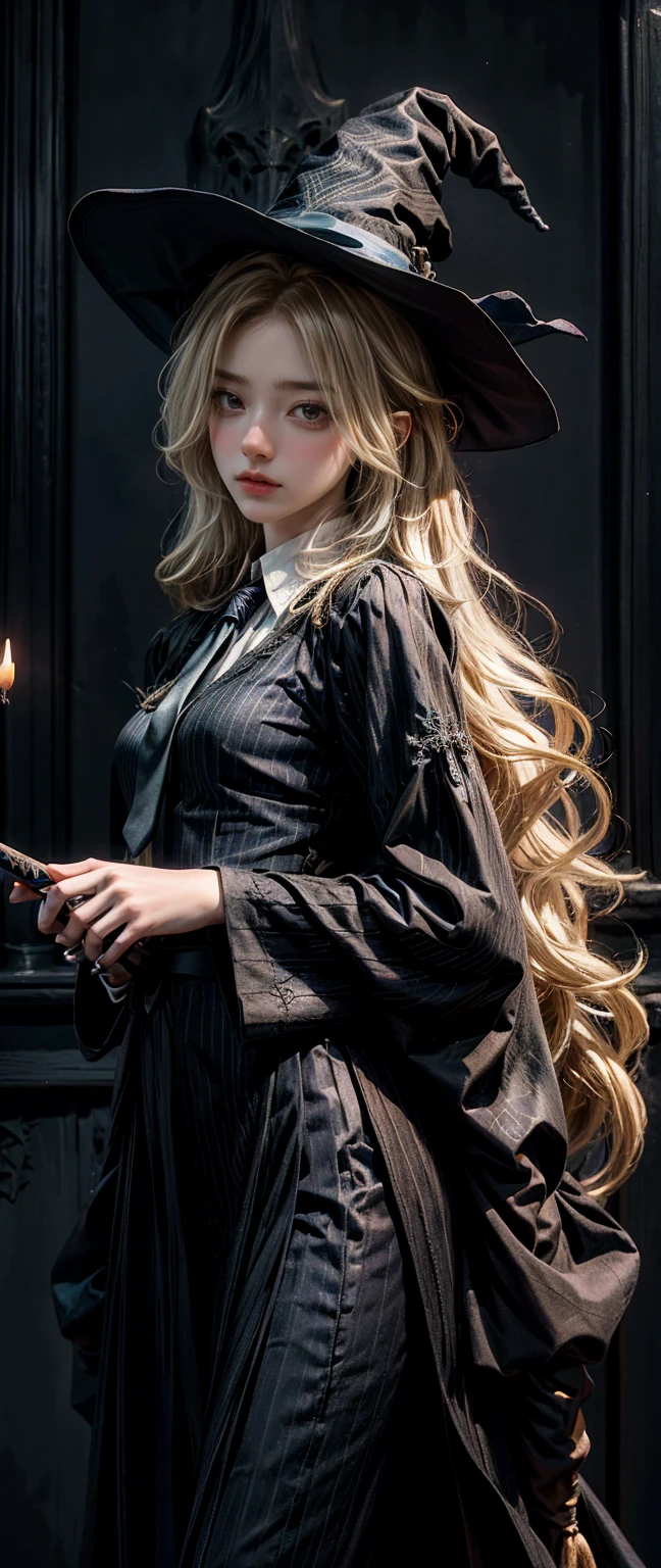 Witch Girl,Long, light blonde hair,Black-blue witch ,Wear a blue-black striped tie., Holding a magic wand to cast spells ,Highest quality, Highest picture quality, high resolution, realistic, 8K, Highly detailed,In a small dark medieval room