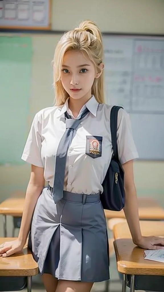 (pp clothes), (realistic), Yamanaka Ino, wearing a white Indonesian high school shirt, with a short gray skirt, wearing an Indonesian school tie, portrait of a cute school girl model, half body portrait, begroun in a school classroom, explain the details , beautiful face, blonde hair color, glowing white face, hijab colored pupils, teenager, body standing straight, situation pose in class, looking at the audience, RAW, Best quality, high resolution, work: 1.3), Young girl, displayed realistically, beautiful, posing facing the audience's camera, showing perfect facial details, friendly expression with a thin smile, in class, ((Indonesian middle school high school clothes)), clear short photo, high resolution, 4k, HDR, DSLR, 1girl , photorealistic, realistic, big breasts, ((half body)) facing towards the viewer, close up, classroom,anime characters, to real life, turn anime pictures into realistic photos. Get high-quality, photorealistic results from a truly detailed perspective. Perfect portrait, realistic, high quality, super detailed display, HDR, 8k