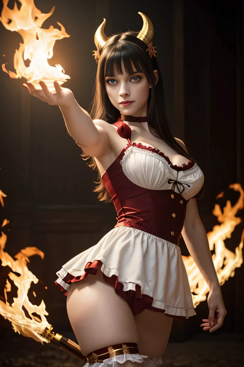 (Beautiful young female (perfect face) demon), (Alyssa Sutherland:0.3), small horns, tail, playful smile, pale skin, (skin texture:1.1), black hair, (classic French maid white outfit:1.2), wreathed in fire, (crimson and gold eyes:1.4), fit athletic body, hellscape background, (masterpiece), (photorealistic:1.4), RAW photo, best quality, high res, rich colors, backlight, bright sunlight, cinematic lighting, film grain, raw photo, 50mm lens, Nikon D850, warm colors