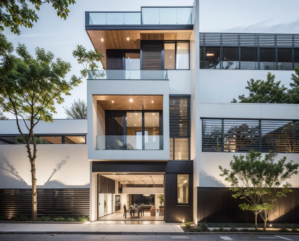 RAW photo, Exterior of two story white modern house, (road:1.3), (sidewalk:1.3), (sidewalk trees:1.3), (residences area:1.4), dawn time, overcast, fog, tropical trees and plants, (high detailed:1.2), 8k uhd, dslr, soft lighting, high quality, (sharpen:1.5)
