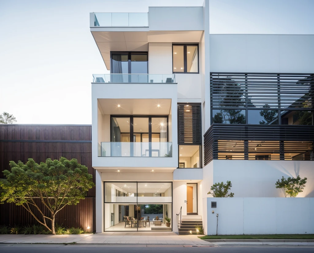 RAW photo, Exterior of two story white modern house, (road:1.3), (sidewalk:1.3), (sidewalk trees:1.3), (residences area:1.4), dawn time, overcast, fog, tropical trees and plants, (high detailed:1.2), 8k uhd, dslr, soft lighting, high quality, (sharpen:1.5)
